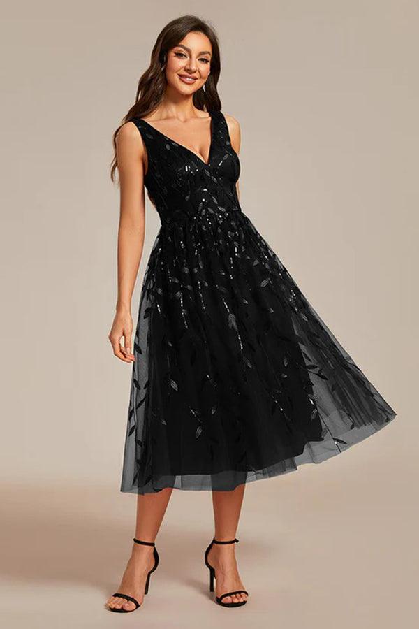A-Line Tea Length Glitter Dress CM0195 - COCOMELODY