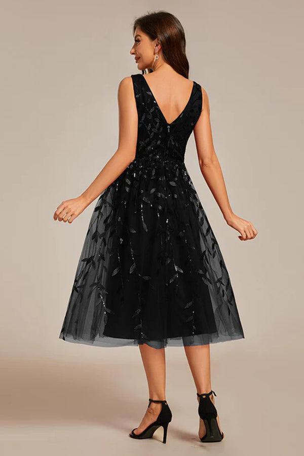 A-Line Tea Length Glitter Dress CM0195 - COCOMELODY