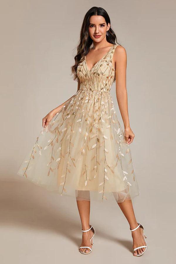 A-Line Tea Length Glitter Dress CM0195 - COCOMELODY