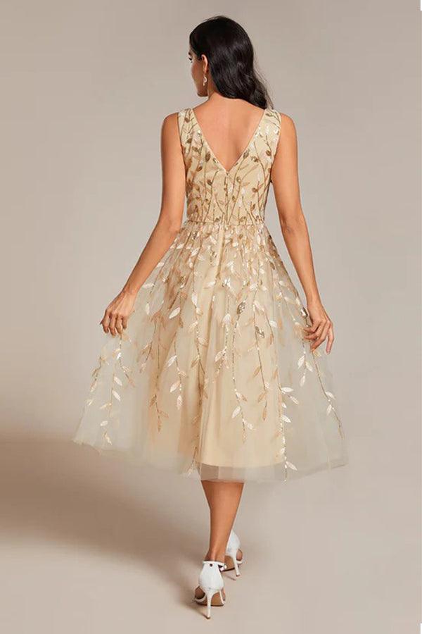A-Line Tea Length Glitter Dress CM0195 - COCOMELODY