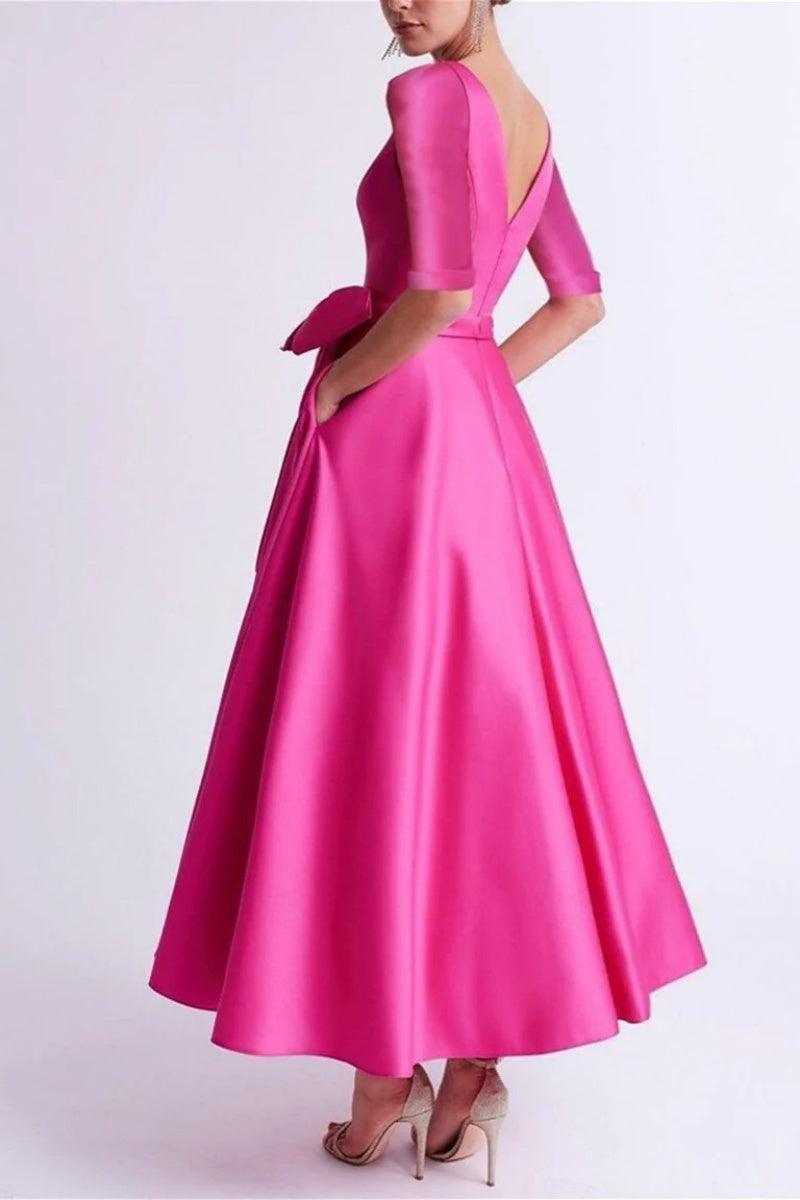 A Line V Neck 3/4 Length Sleeve Tea Length Satin Mother Dresses CM0344 - COCOMELODY