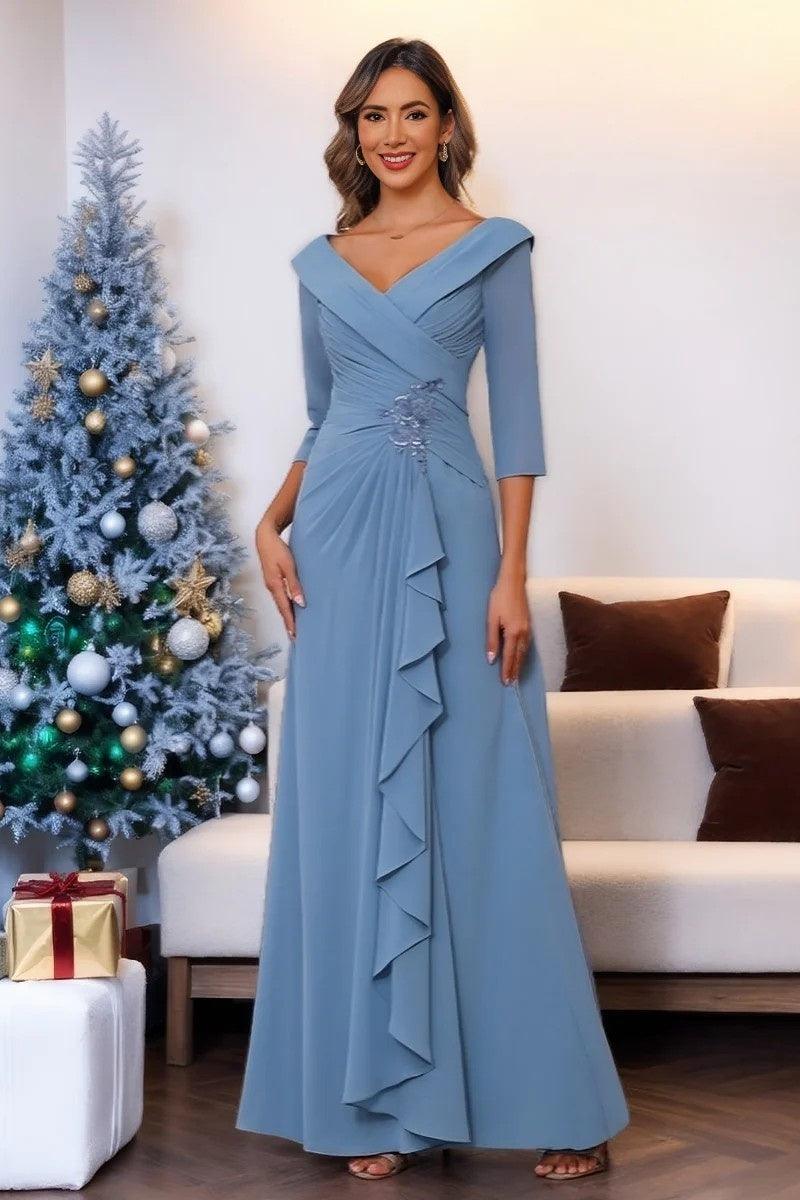 V Neck 3/4 Length Sleeves Floor Length Unique Mother Dresses CM0345 - COCOMELODY