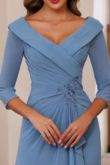 V Neck 3/4 Length Sleeves Floor Length Unique Mother Dresses CM0345 - COCOMELODY