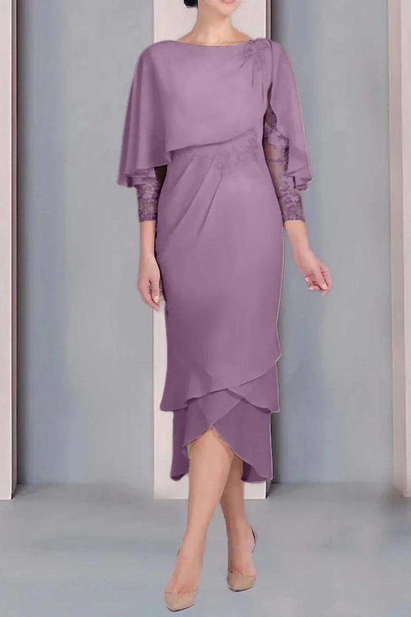 Sheath Column Scoop Short Sleeves Tea Length Mother Dresses CM0359 - COCOMELODY