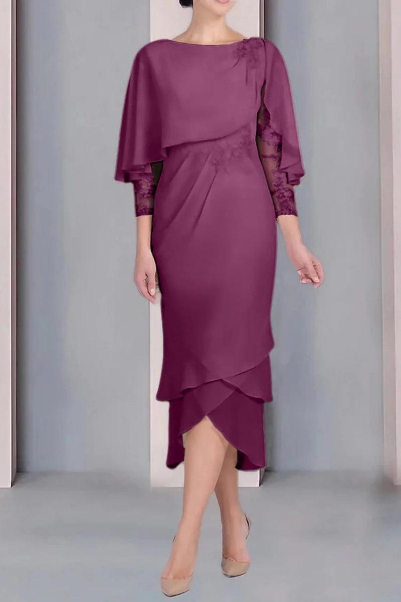 Sheath Column Scoop Short Sleeves Tea Length Mother Dresses CM0359 - COCOMELODY