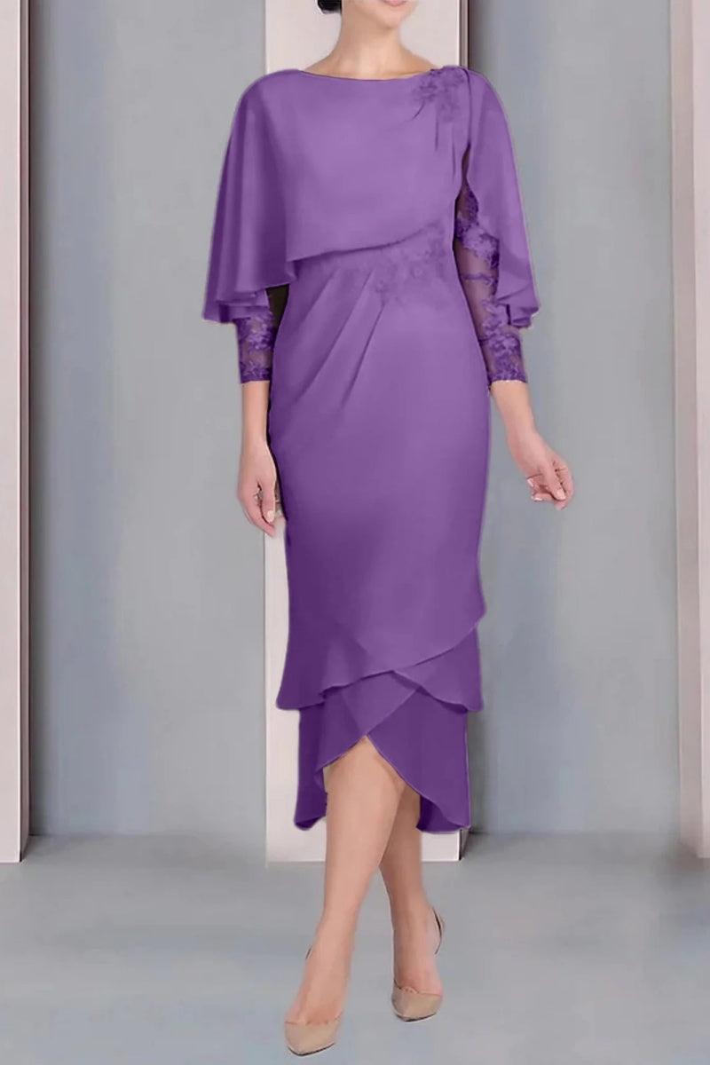 Sheath Column Scoop Short Sleeves Tea Length Mother Dresses CM0359 - COCOMELODY