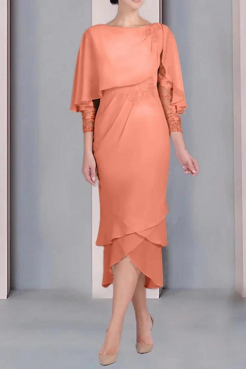 Sheath Column Scoop Short Sleeves Tea Length Mother Dresses CM0359 - COCOMELODY