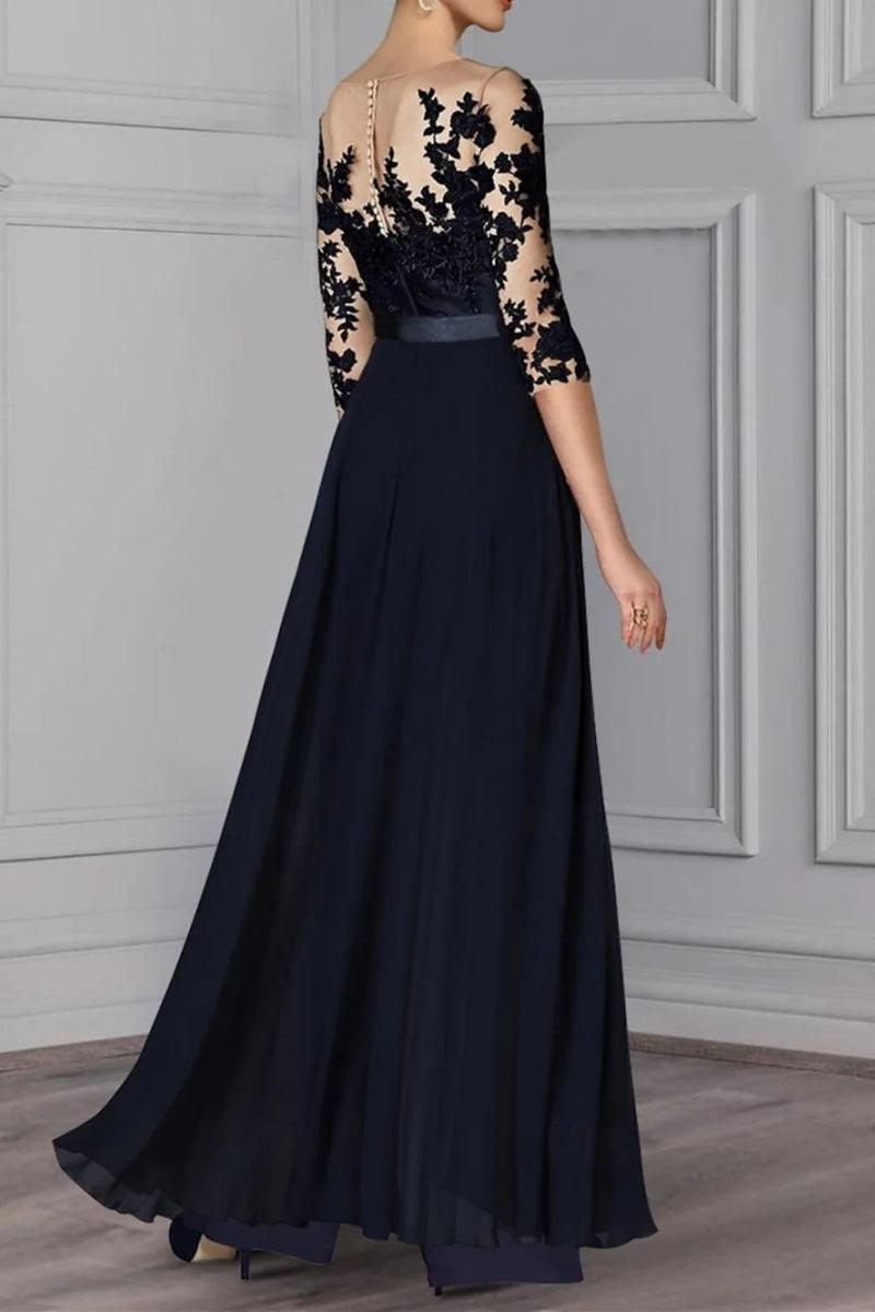 A Line Jewel Neck 3/4 Length Sleeves Floor Length Mother Dresses CM0375 - COCOMELODY
