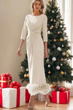 Sheath Column Scoop Neck Ankle Length Feather Mother Dresses CM0378 - COCOMELODY