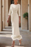 Sheath Column Scoop Neck Ankle Length Feather Mother Dresses CM0378 - COCOMELODY