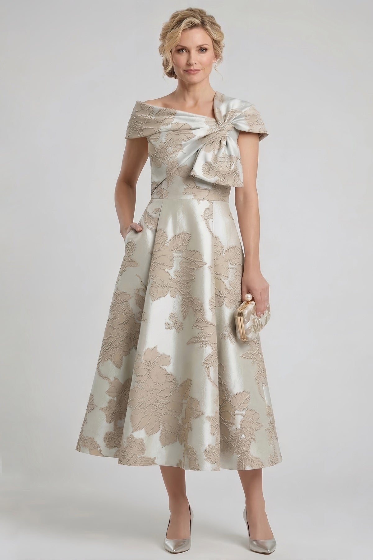 A-Line Tea-Length Jacquard Mother of the Bride Dress CM0413