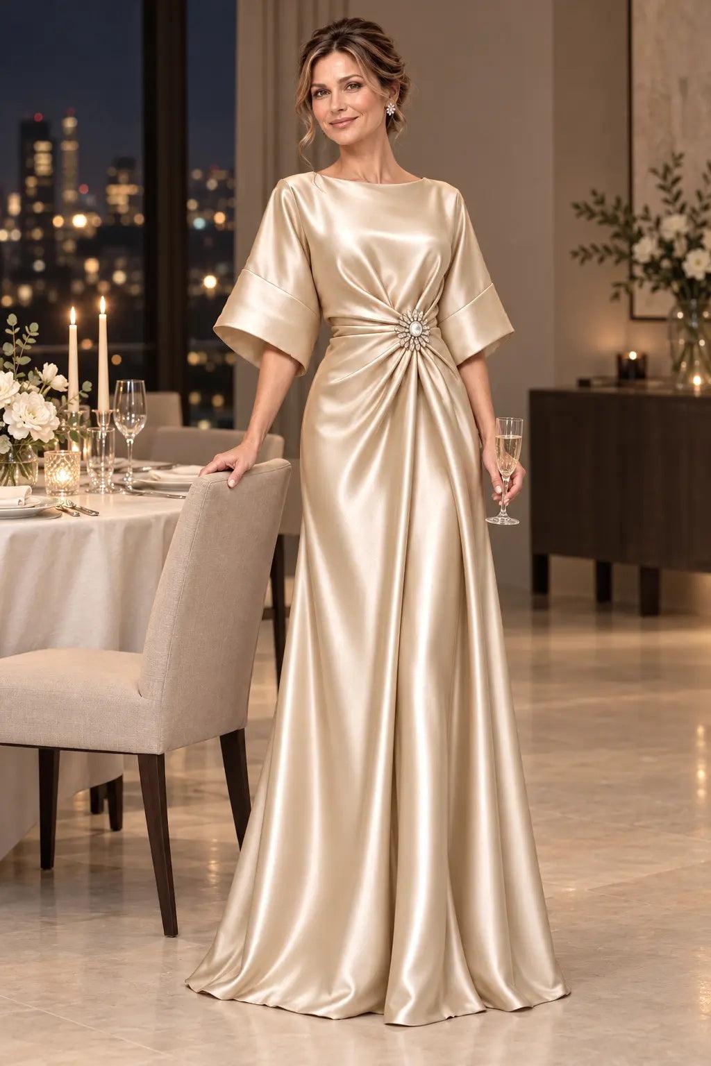A-Line Floor Length Satin Mother of the Bride Dress CM0528 - Dark Champagne - COCOMELODY