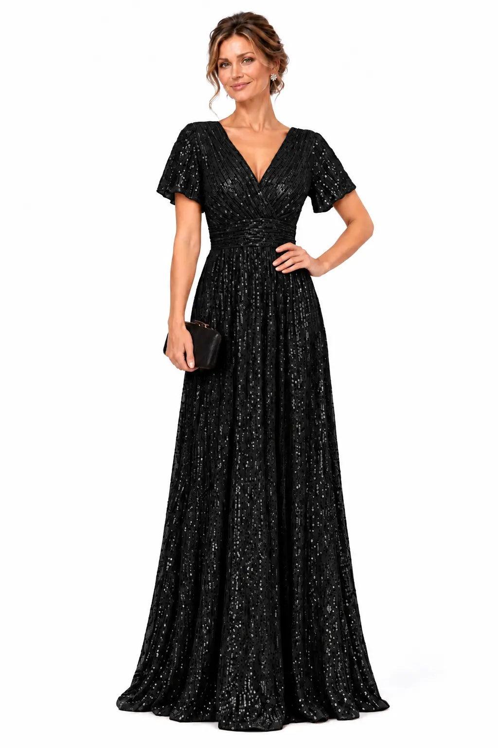 A-Line Floor Length Sequin Mother of the Bride Dress CM0529 - Black - COCOMELODY
