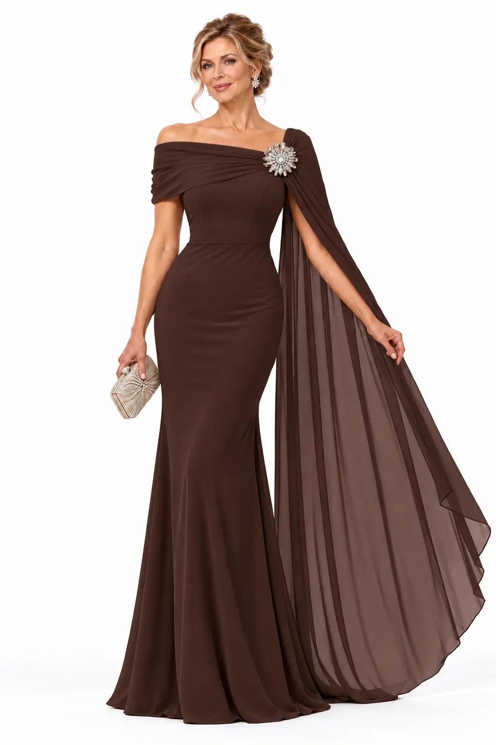 Trumpet-Mermaid Floor Length Chiffon Mother of the Bride Dress CM0530 - Bitter Chocolate - COCOMELODY