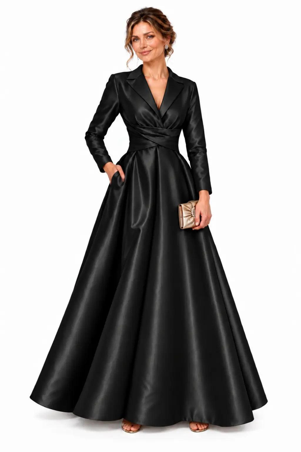 A-Line Floor Length Satin Mother of the Bride Dress CM0531 - Black - COCOMELODY
