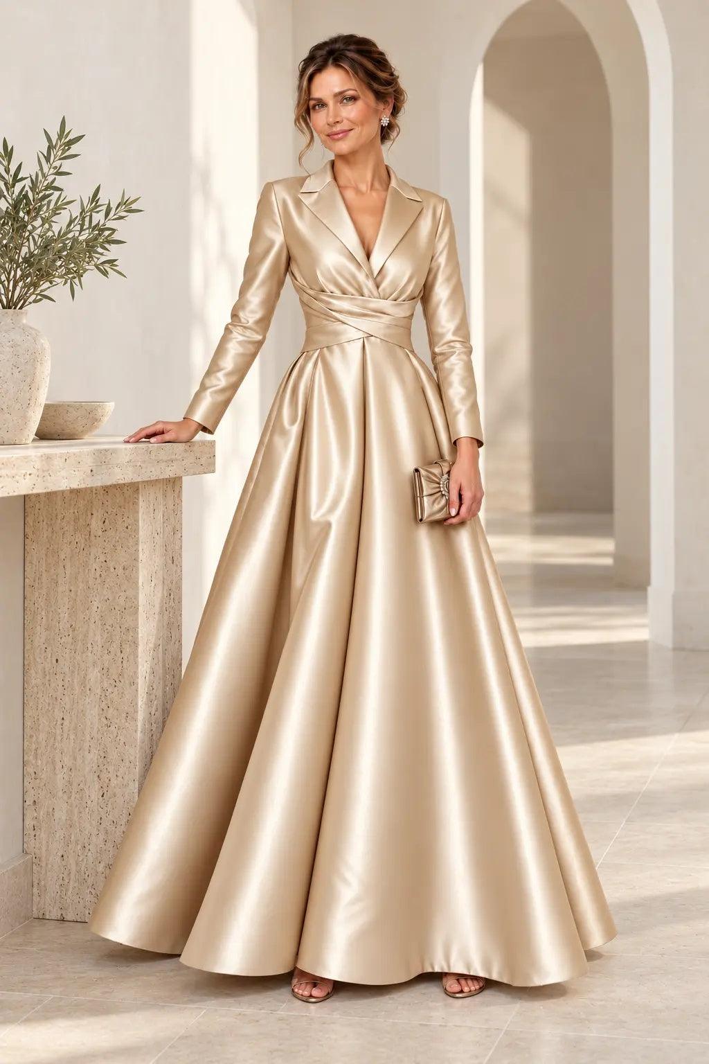 A-Line Floor Length Satin Mother of the Bride Dress CM0531 - Dark Champagne - COCOMELODY