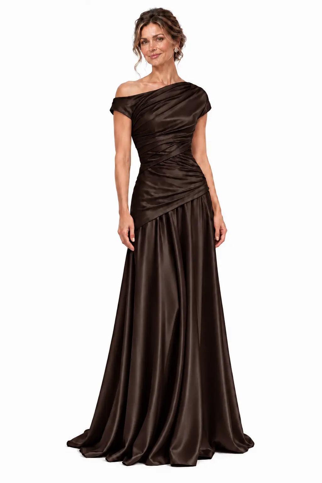 A-Line Floor Length Stretch Satin Mother of the Bride Dress CM0532 - Bitter Chocolate - COCOMELODY