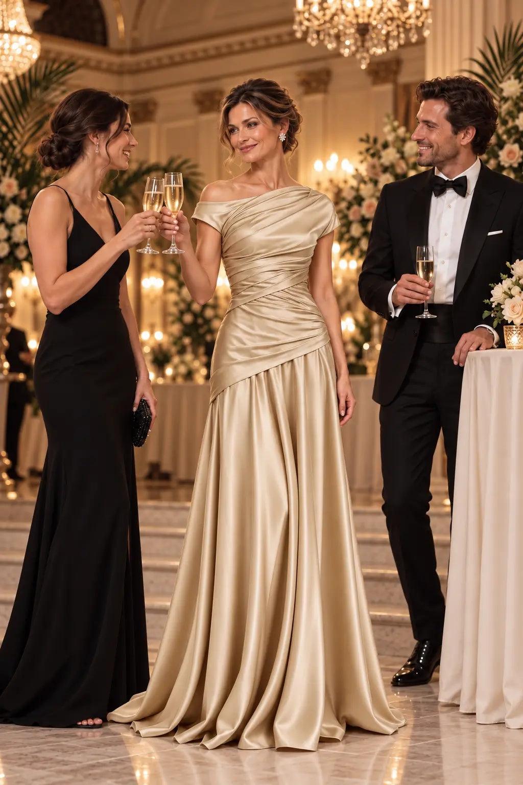 A-Line Floor Length Stretch Satin Mother of the Bride Dress CM0532 - Dark Champagne - COCOMELODY