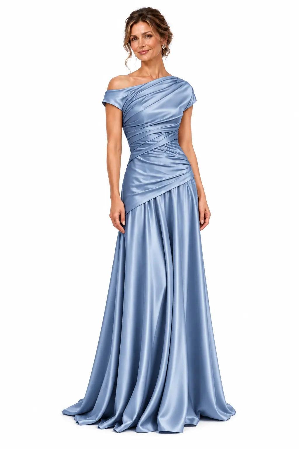 A-Line Floor Length Stretch Satin Mother of the Bride Dress CM0532 - Dusty Blue - COCOMELODY