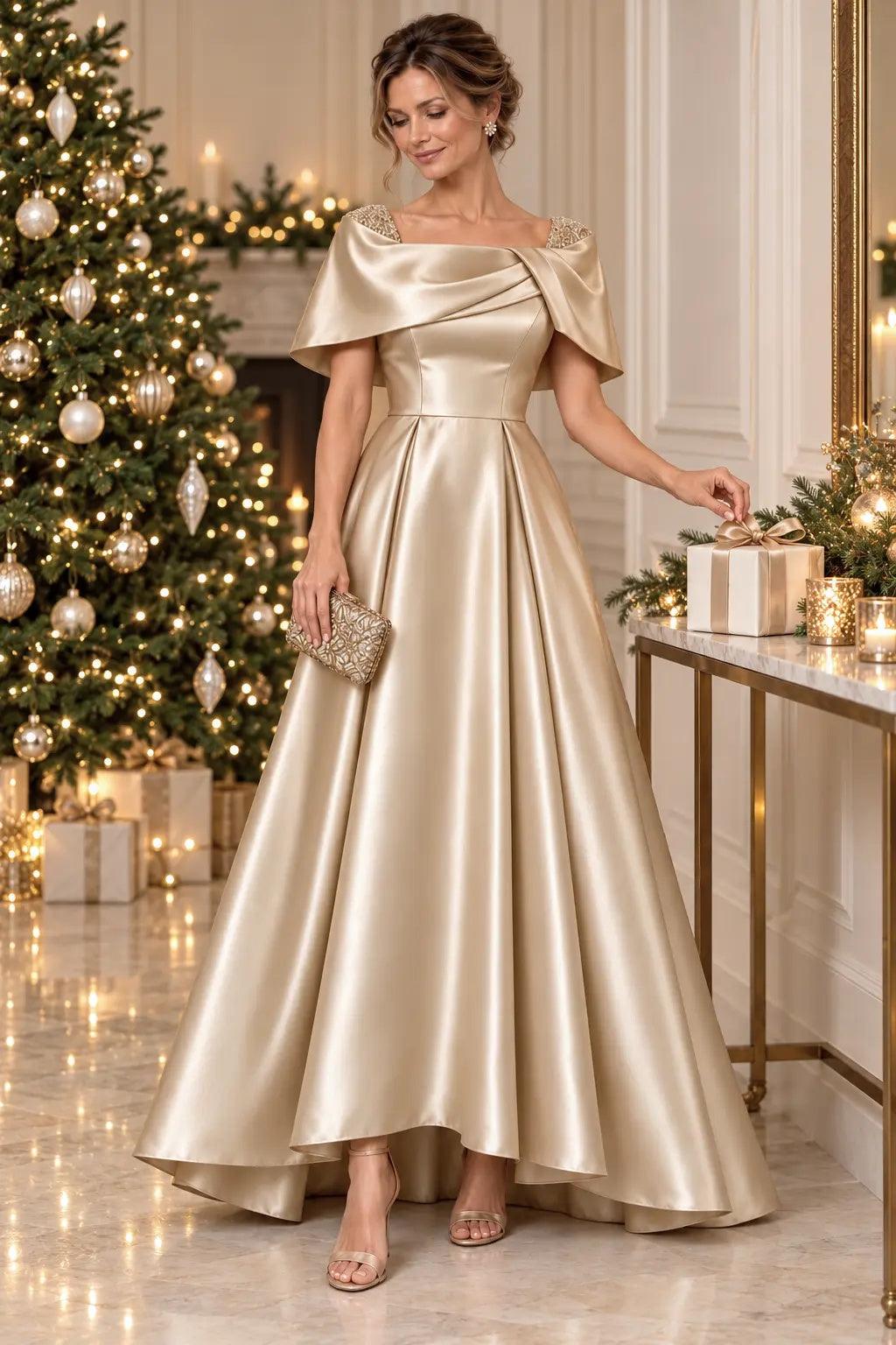 A-Line High-Low Satin Mother of the Bride Dress CM0536 - Dark Champagne - COCOMELODY