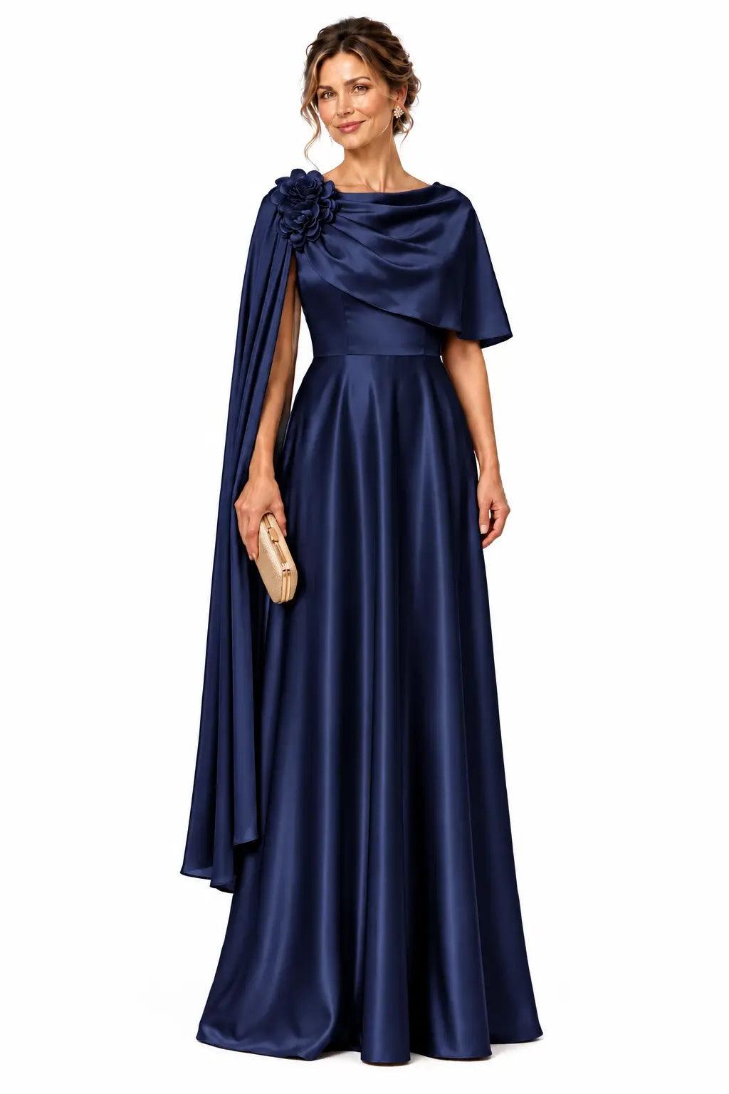 A-Line Floor Length Satin Mother of the Bride Dress CM0537 - Dark Navy - COCOMELODY