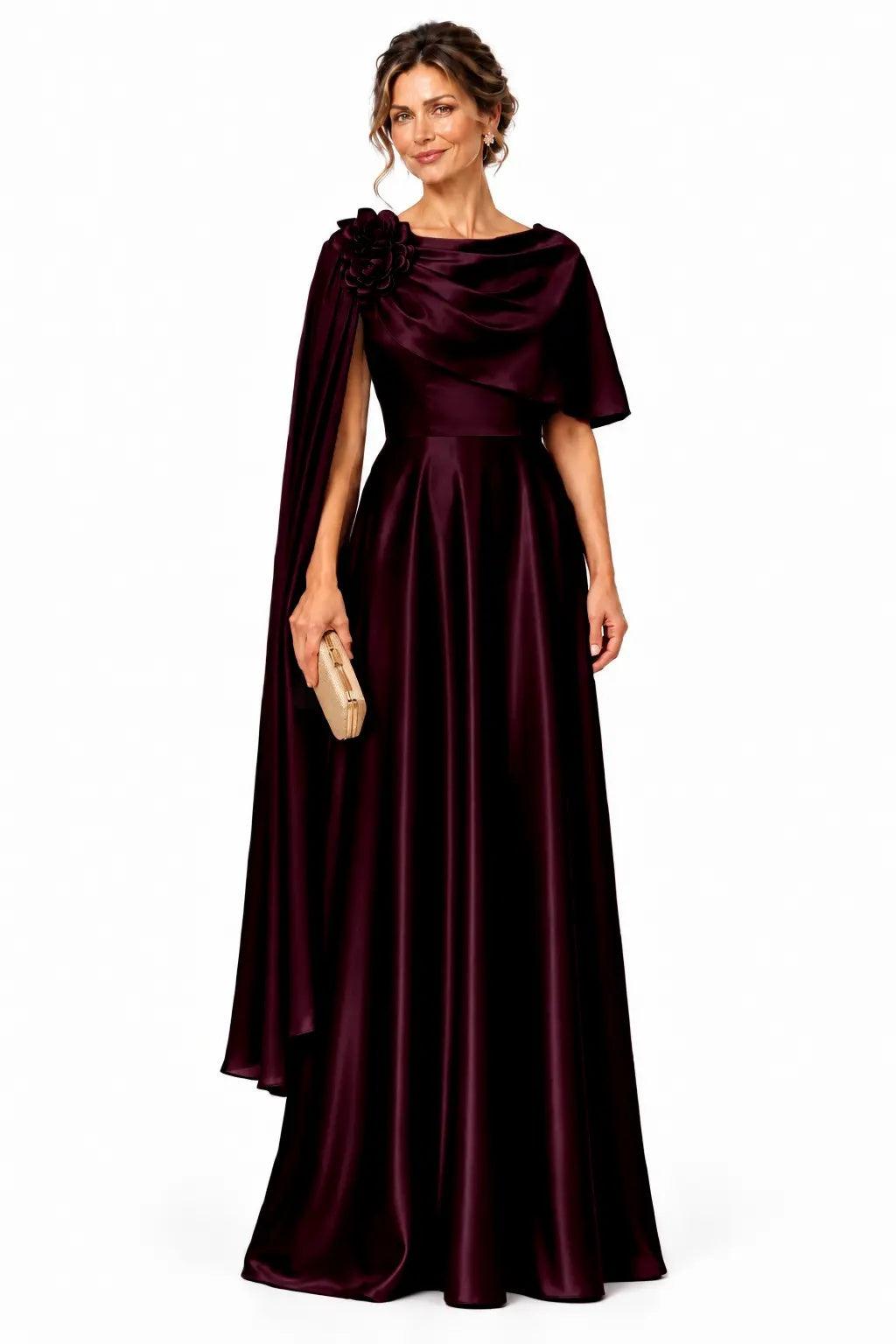 A-Line Floor Length Satin Mother of the Bride Dress CM0537 - Wine - COCOMELODY