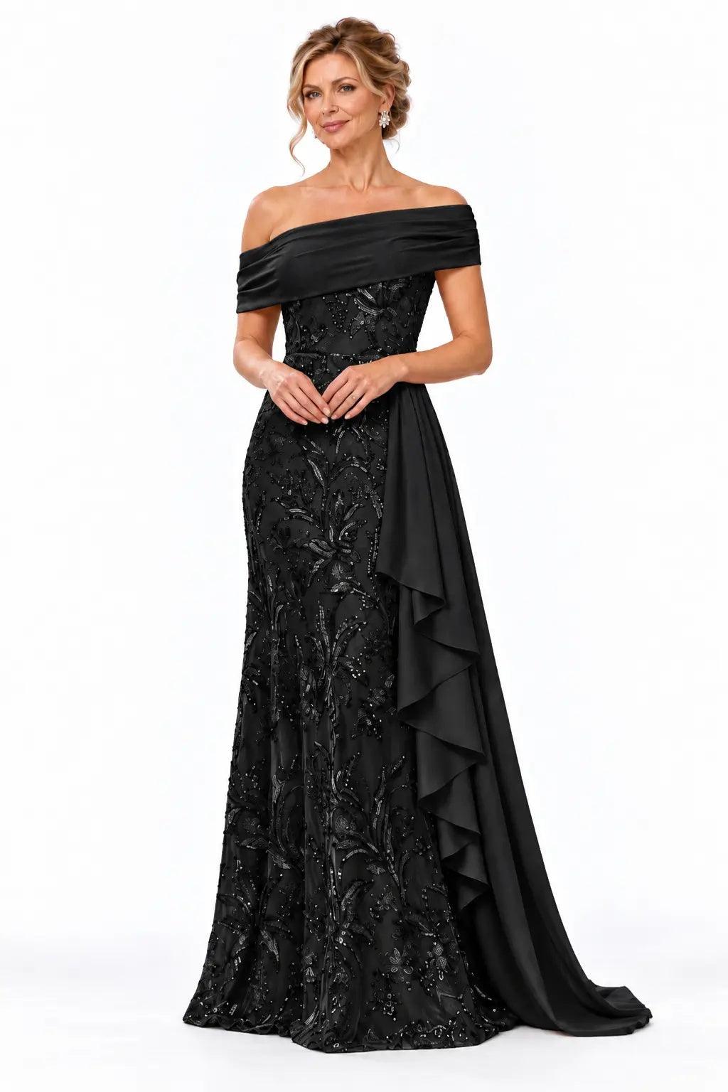 Sheath-Column Floor Length Sequin Chiffon Mother of the Bride Dress CM0539 - Black - COCOMELODY