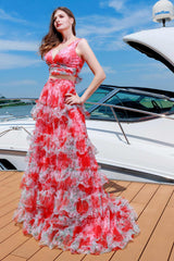 Two-Piece Sweep-Brush Train Figured Cloth Prom Dress CS0482 - COCOMELODY