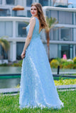 A-Line Sweep-Brush Train Sequined Lace Prom Dress CS0484 - COCOMELODY