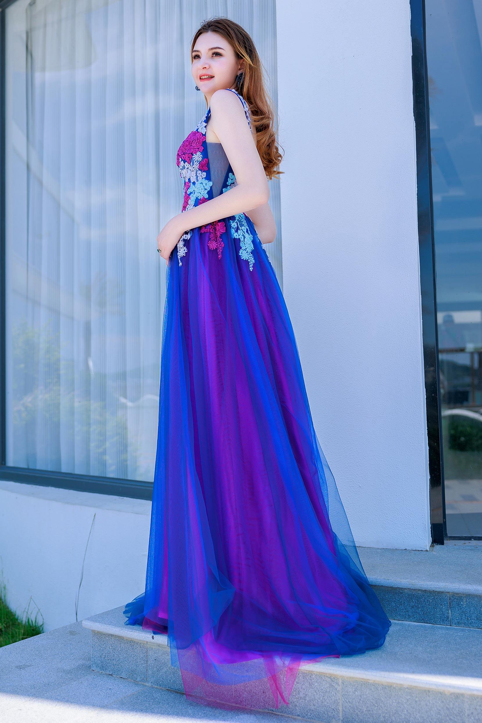 A-Line Sweep-Brush Train Tulle Prom Dress CS0500 - COCOMELODY