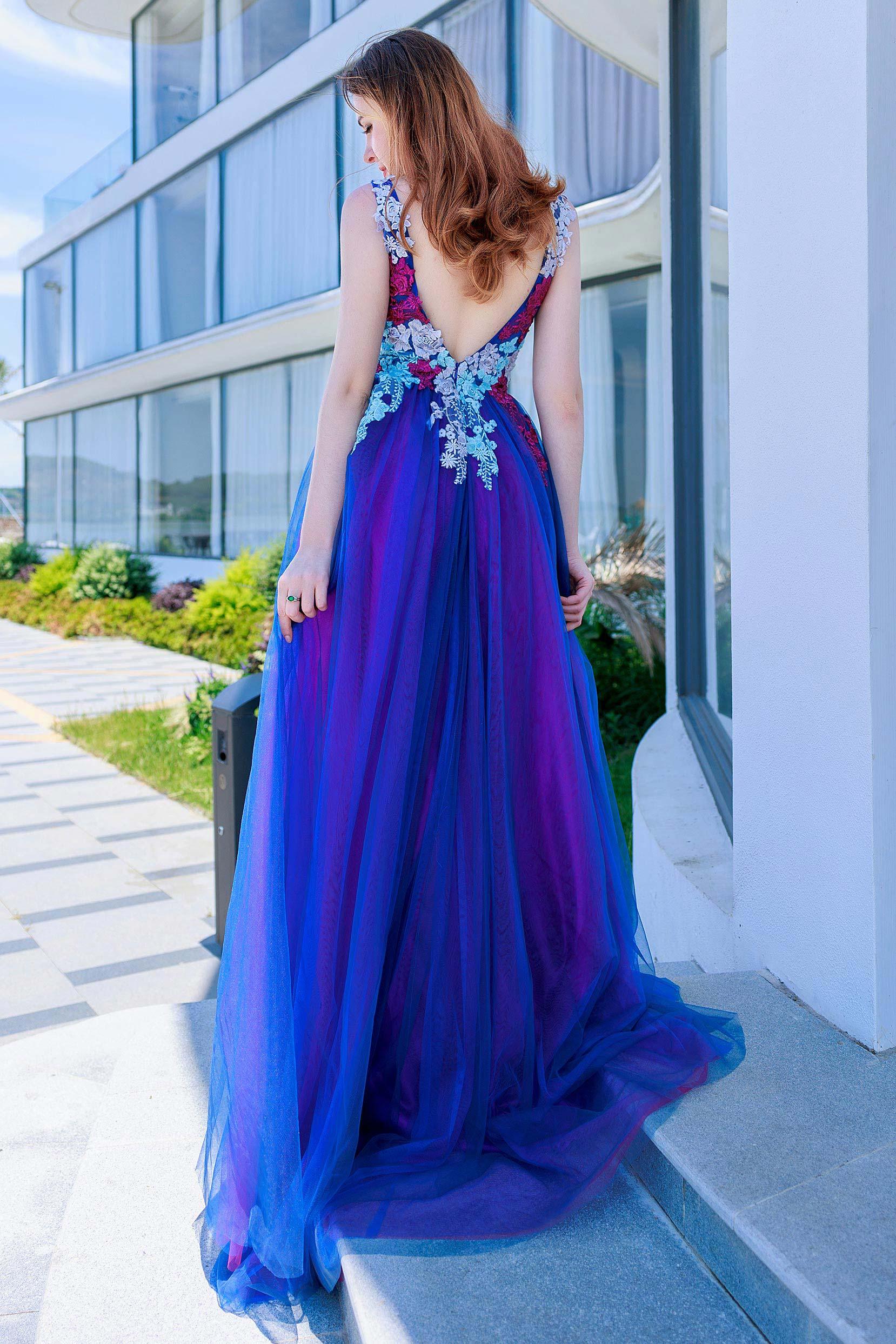 A-Line Sweep-Brush Train Tulle Prom Dress CS0500 - COCOMELODY