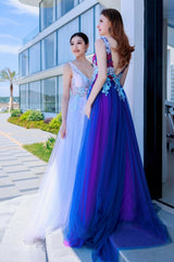 A-Line Sweep-Brush Train Tulle Prom Dress CS0504 - COCOMELODY