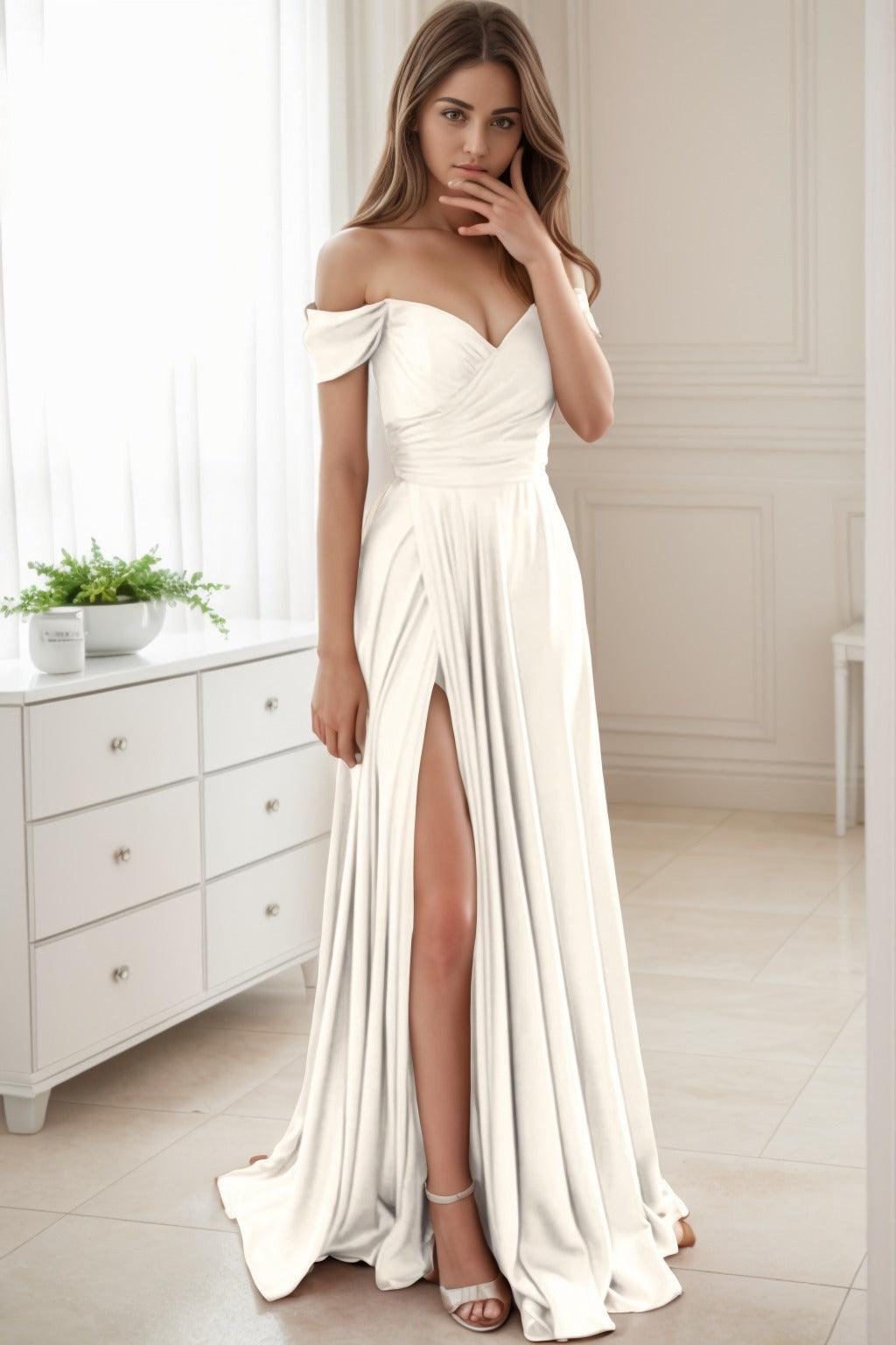 A-Line Sweep-Brush Train Silk-Like Prom Dress CS0432 - COCOMELODY