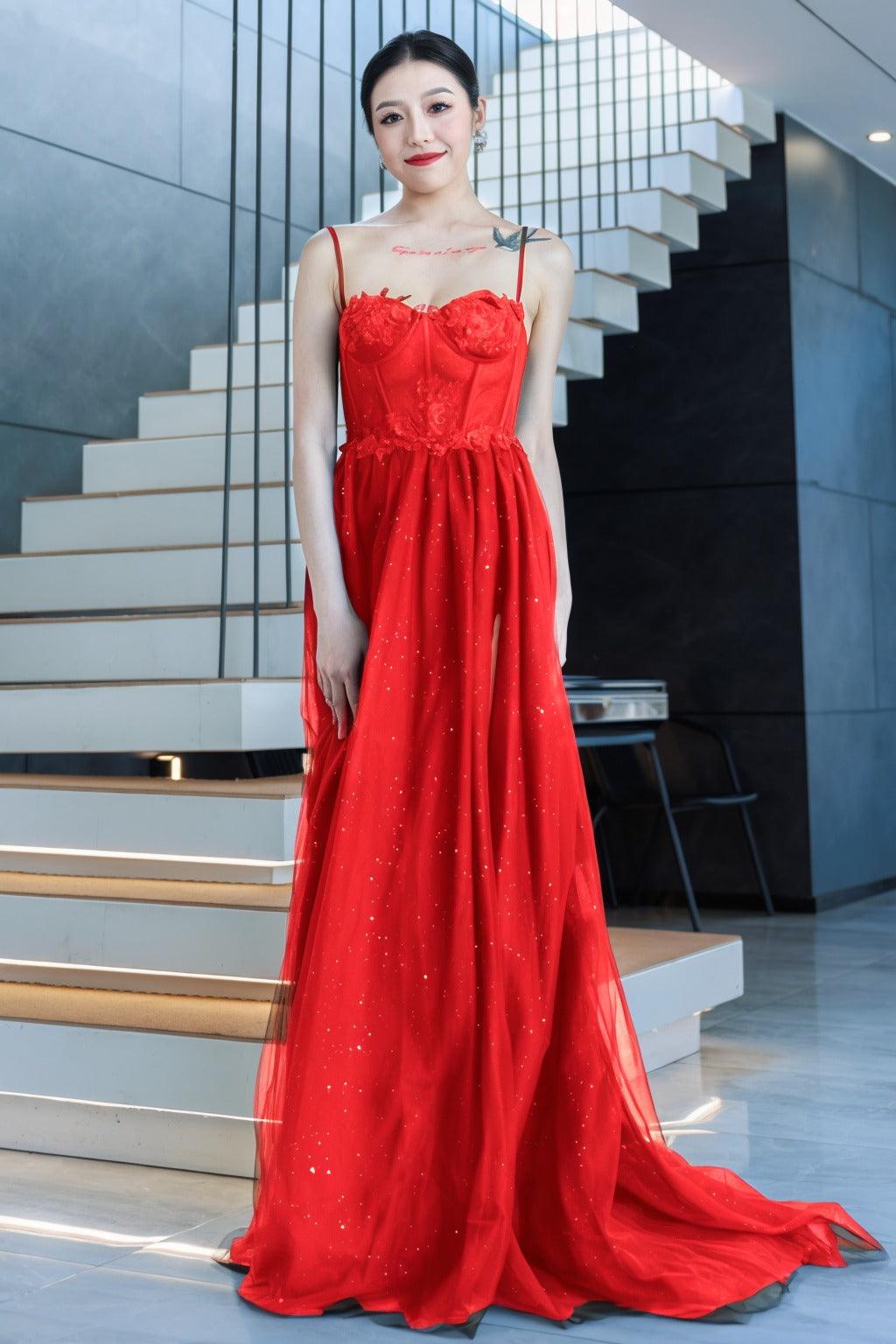 A-Line Sweep-Brush Train Tulle Prom Dress CS0480 - COCOMELODY