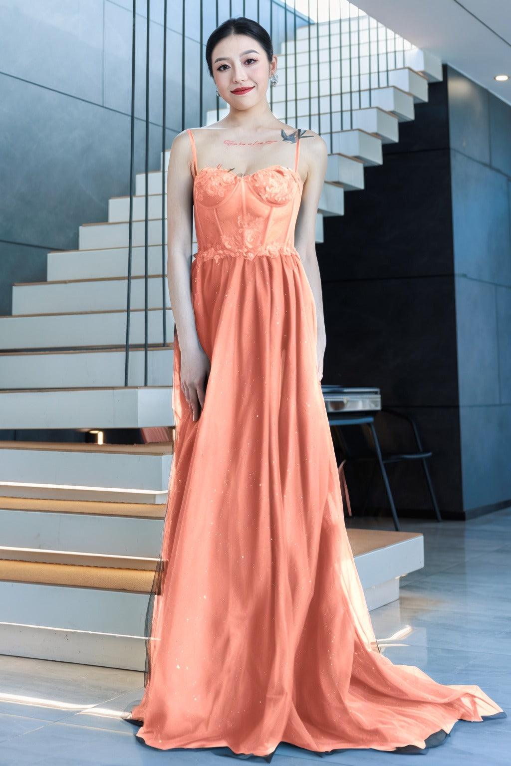 A-Line Sweep-Brush Train Tulle Prom Dress CS0480 - COCOMELODY