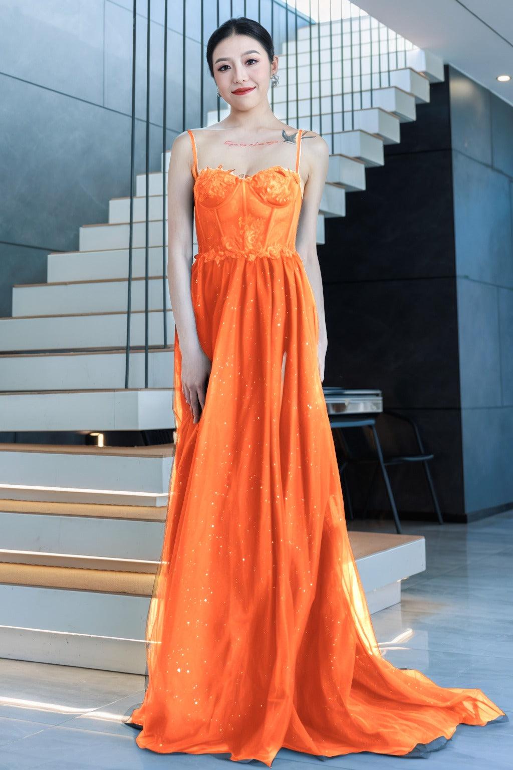 A-Line Sweep-Brush Train Tulle Prom Dress CS0480 - COCOMELODY