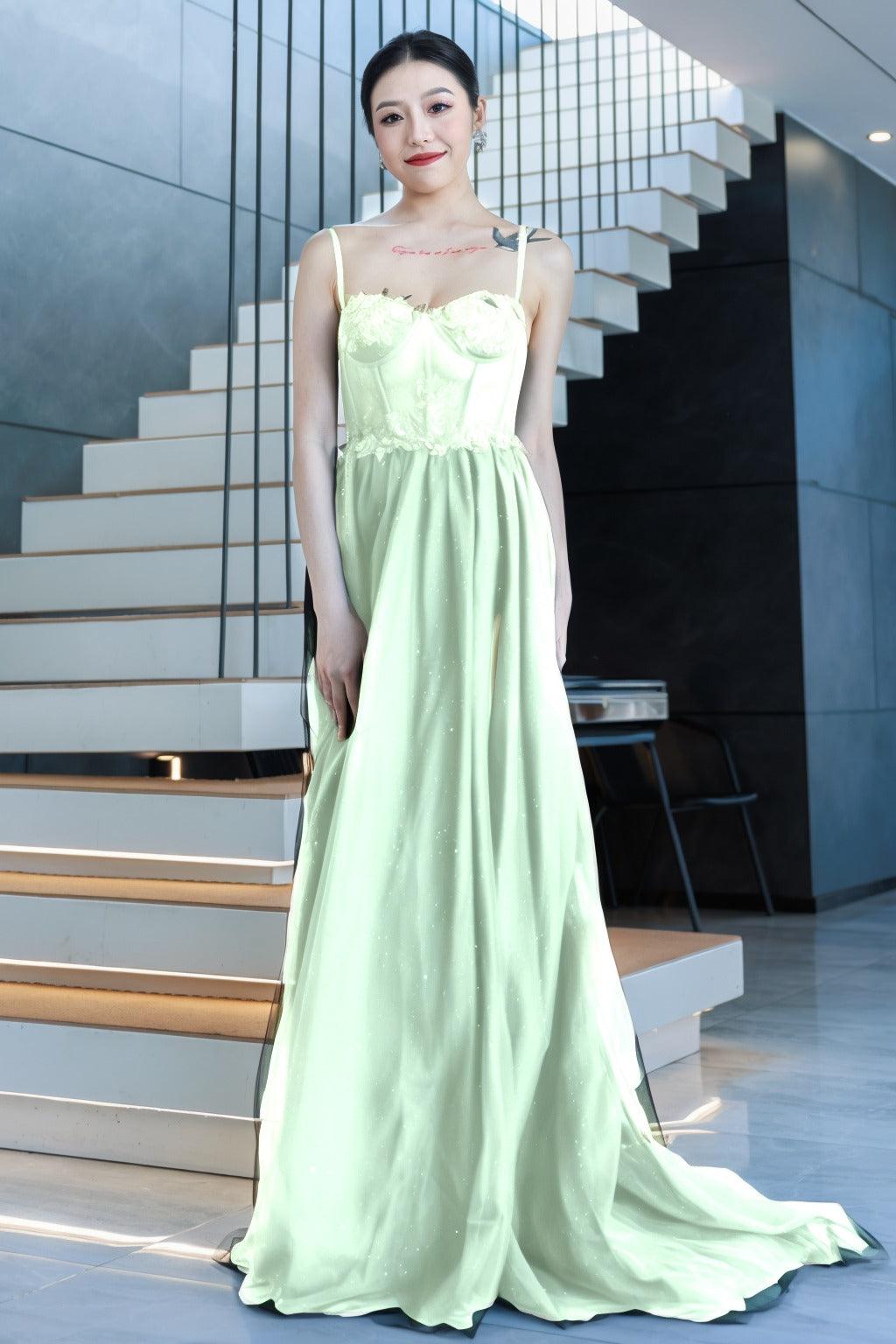 A-Line Sweep-Brush Train Tulle Prom Dress CS0480 - COCOMELODY