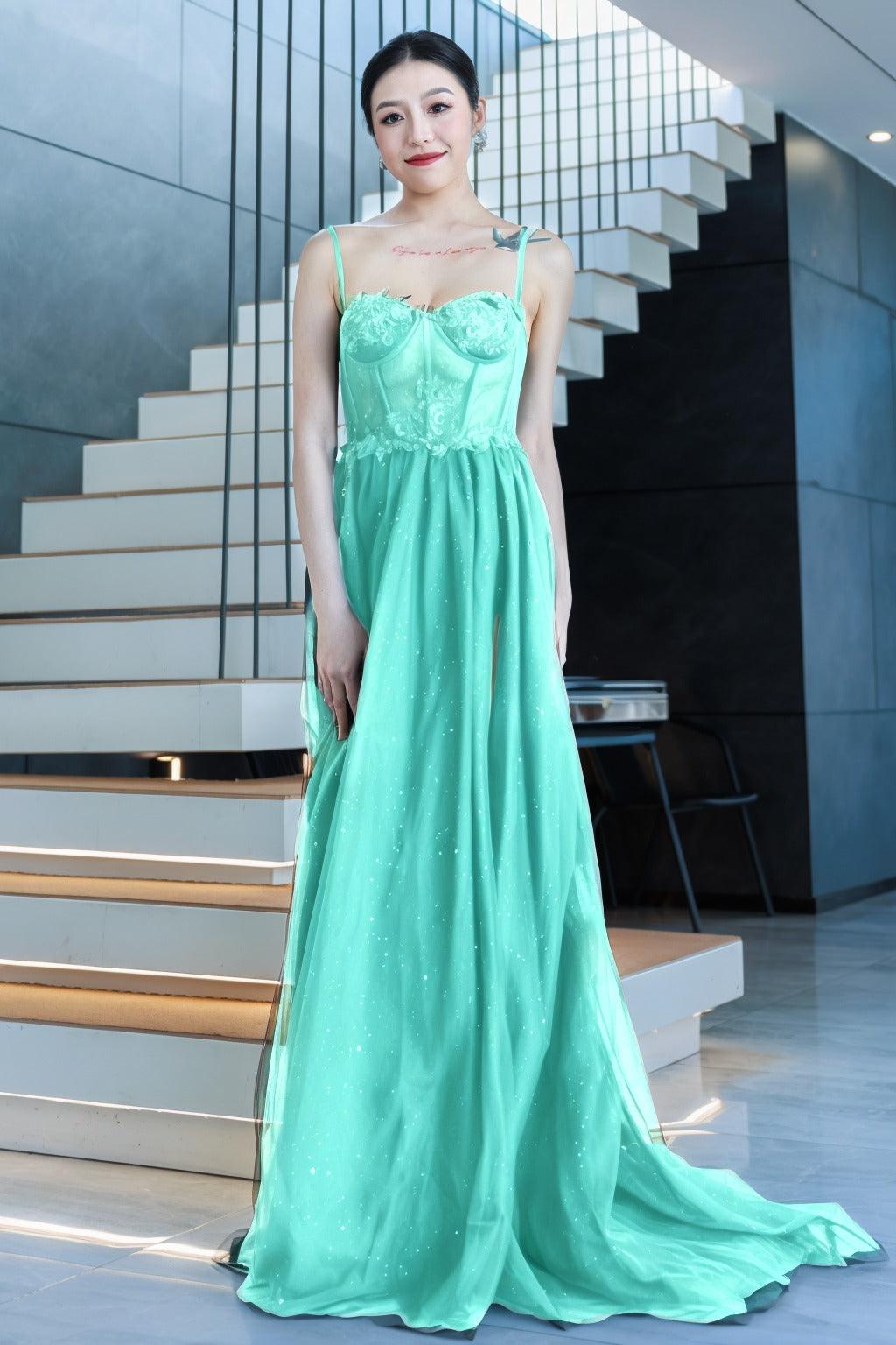 A-Line Sweep-Brush Train Tulle Prom Dress CS0480 - COCOMELODY