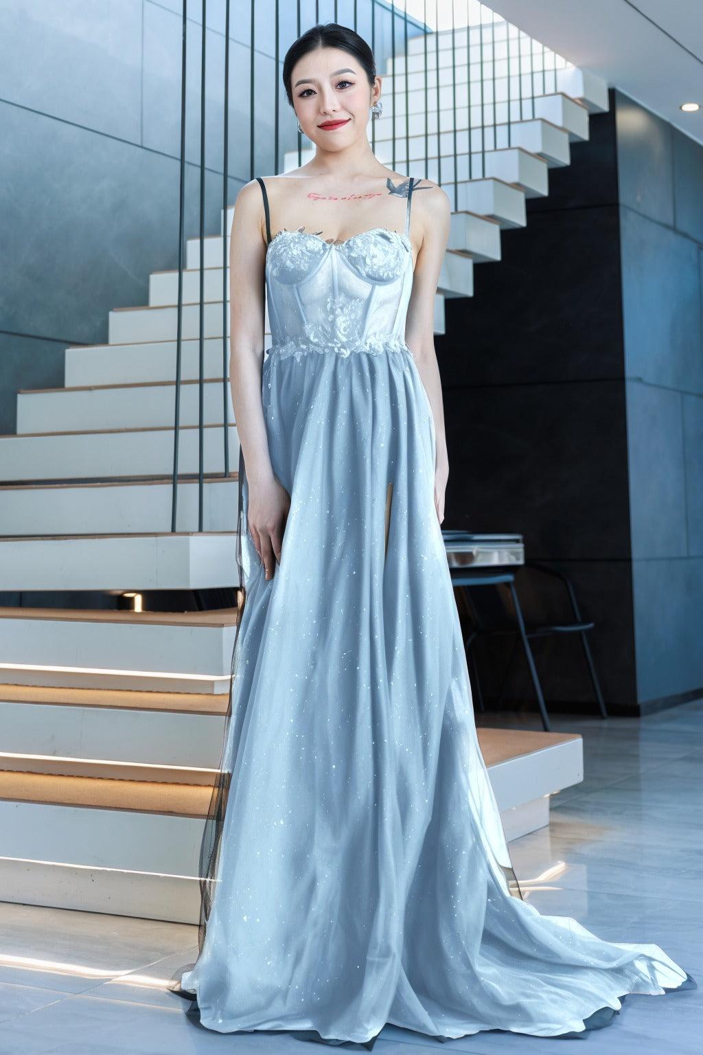 A-Line Sweep-Brush Train Tulle Prom Dress CS0480 - COCOMELODY