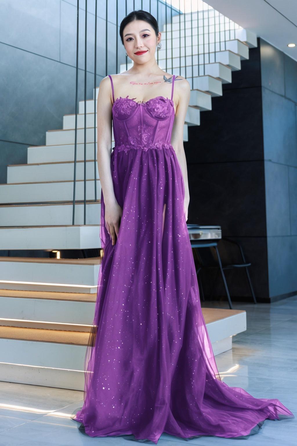A-Line Sweep-Brush Train Tulle Prom Dress CS0480 - COCOMELODY