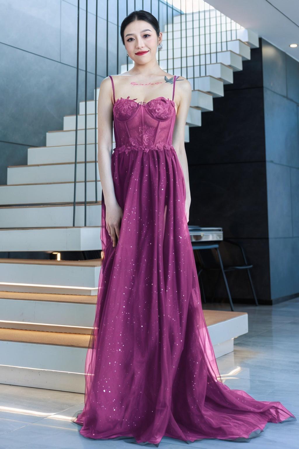 A-Line Sweep-Brush Train Tulle Prom Dress CS0480 - COCOMELODY