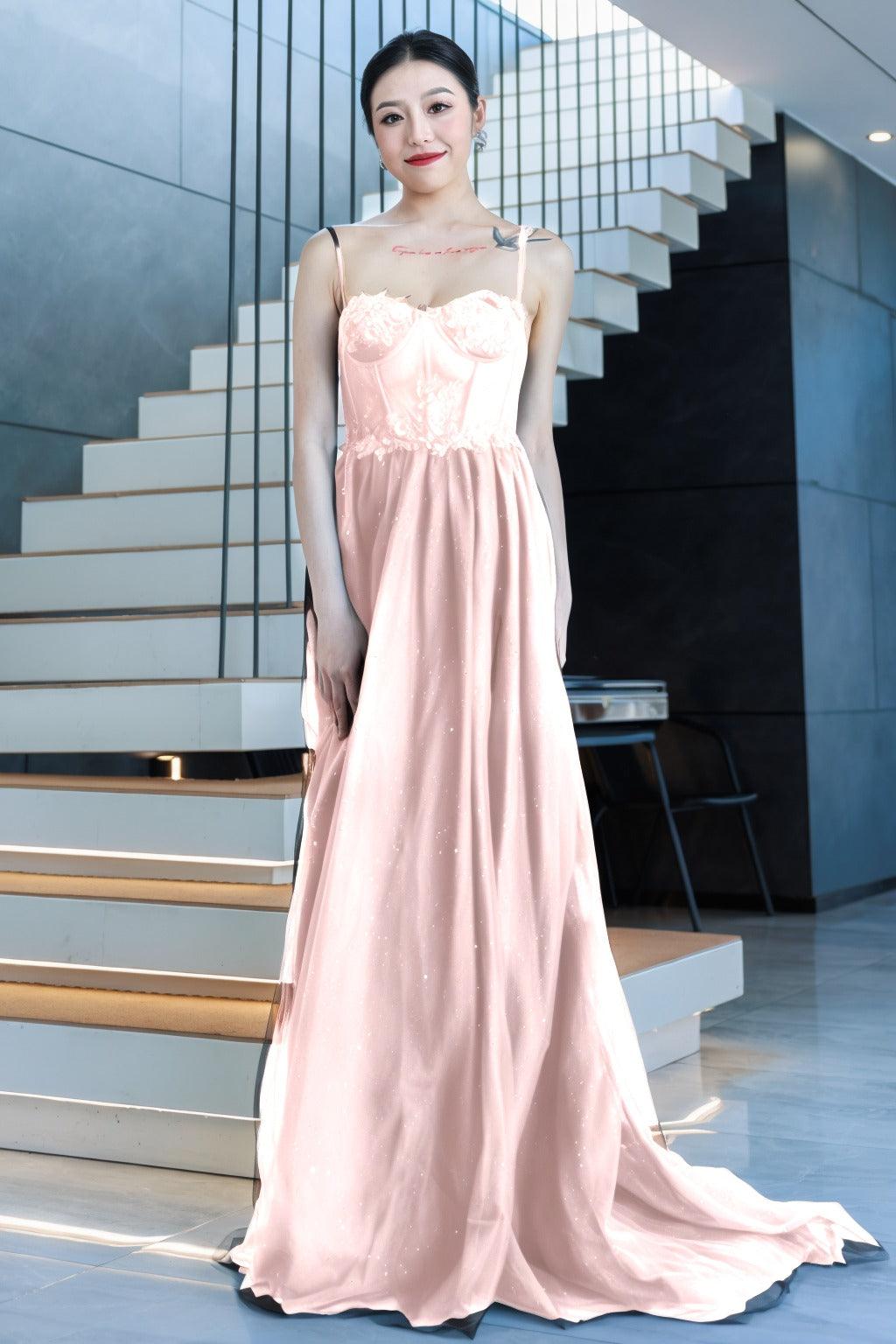 A-Line Sweep-Brush Train Tulle Prom Dress CS0480 - COCOMELODY
