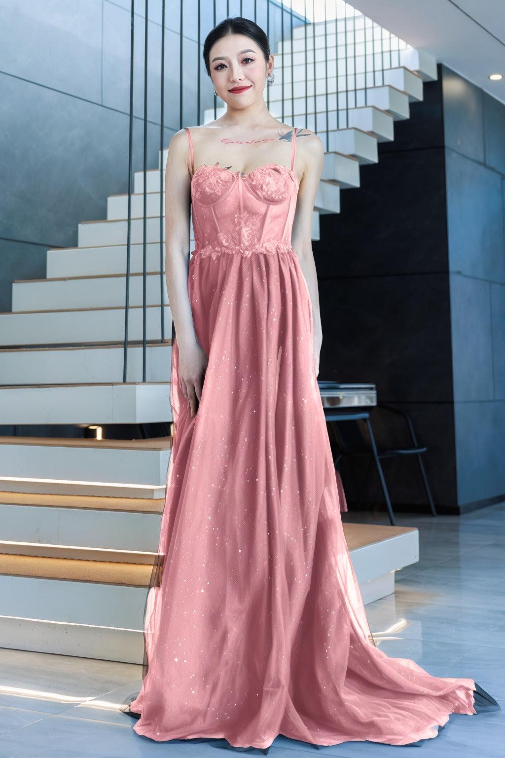 A-Line Sweep-Brush Train Tulle Prom Dress CS0480 - COCOMELODY