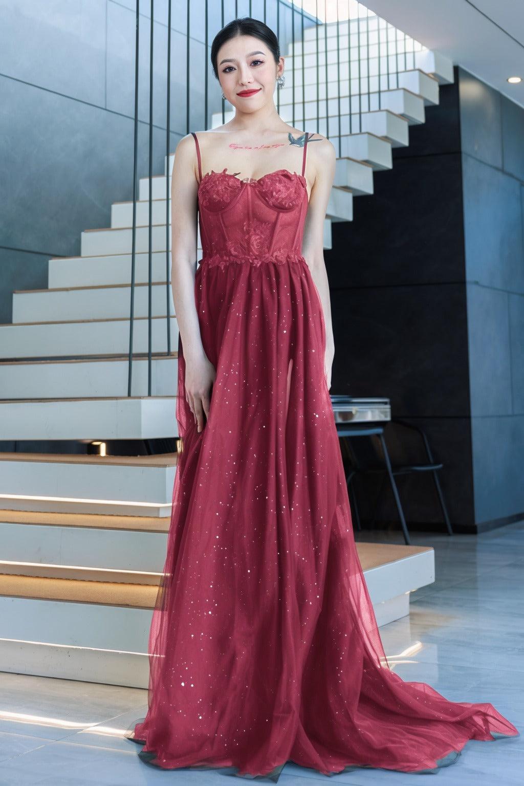 A-Line Sweep-Brush Train Tulle Prom Dress CS0480 - COCOMELODY