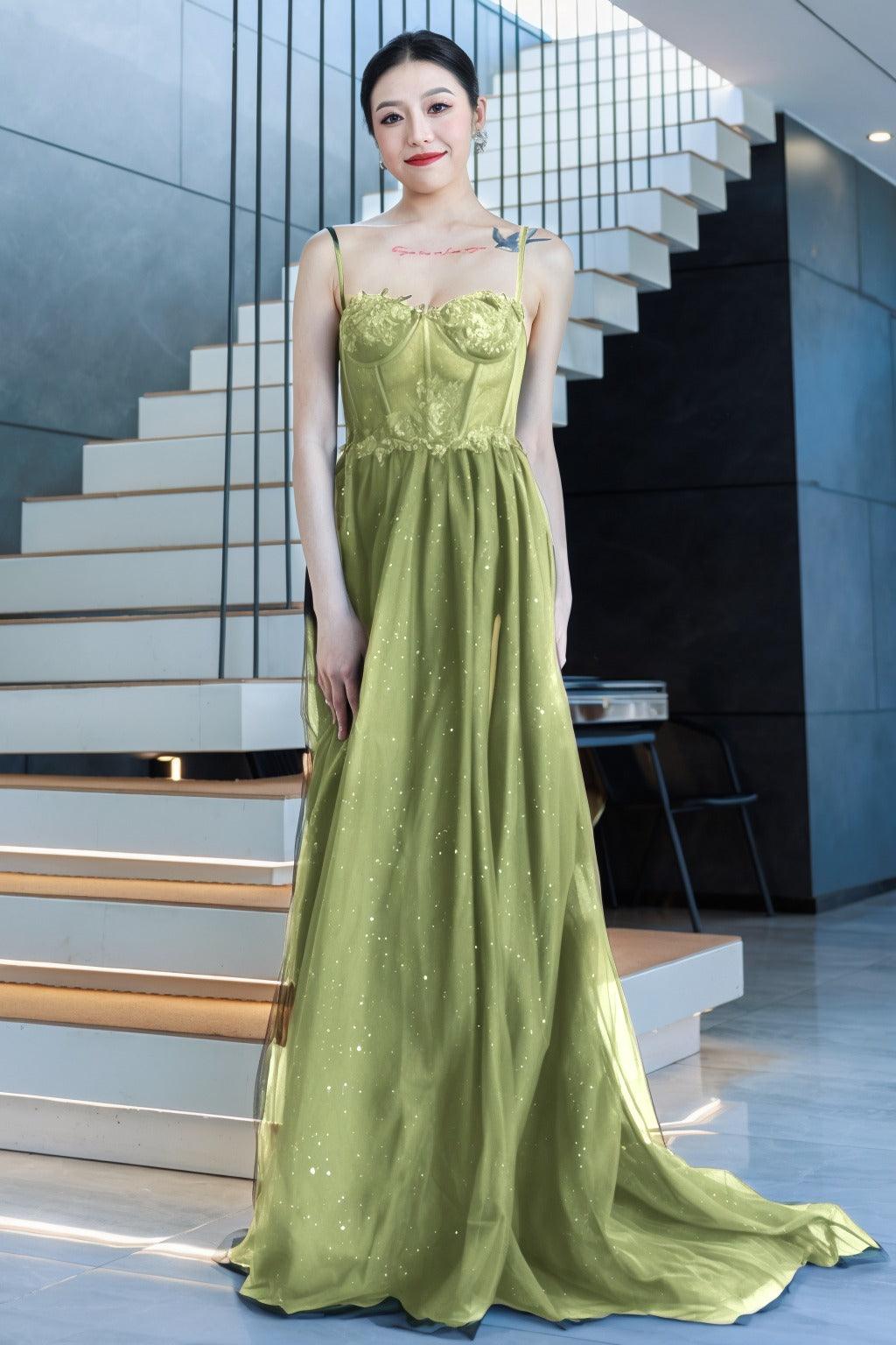 A-Line Sweep-Brush Train Tulle Prom Dress CS0480 - COCOMELODY