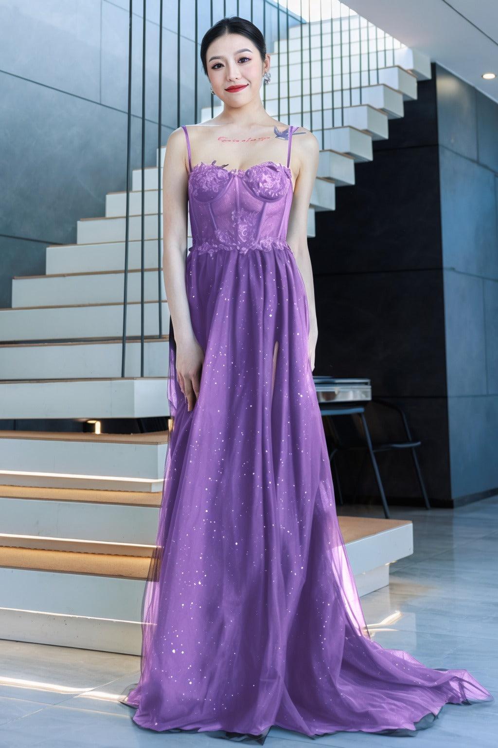 A-Line Sweep-Brush Train Tulle Prom Dress CS0480 - COCOMELODY