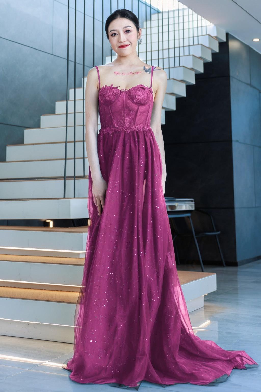 A-Line Sweep-Brush Train Tulle Prom Dress CS0480 - COCOMELODY