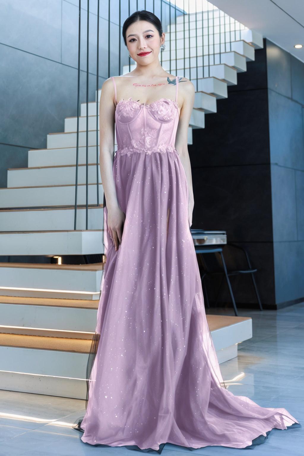 A-Line Sweep-Brush Train Tulle Prom Dress CS0480 - COCOMELODY