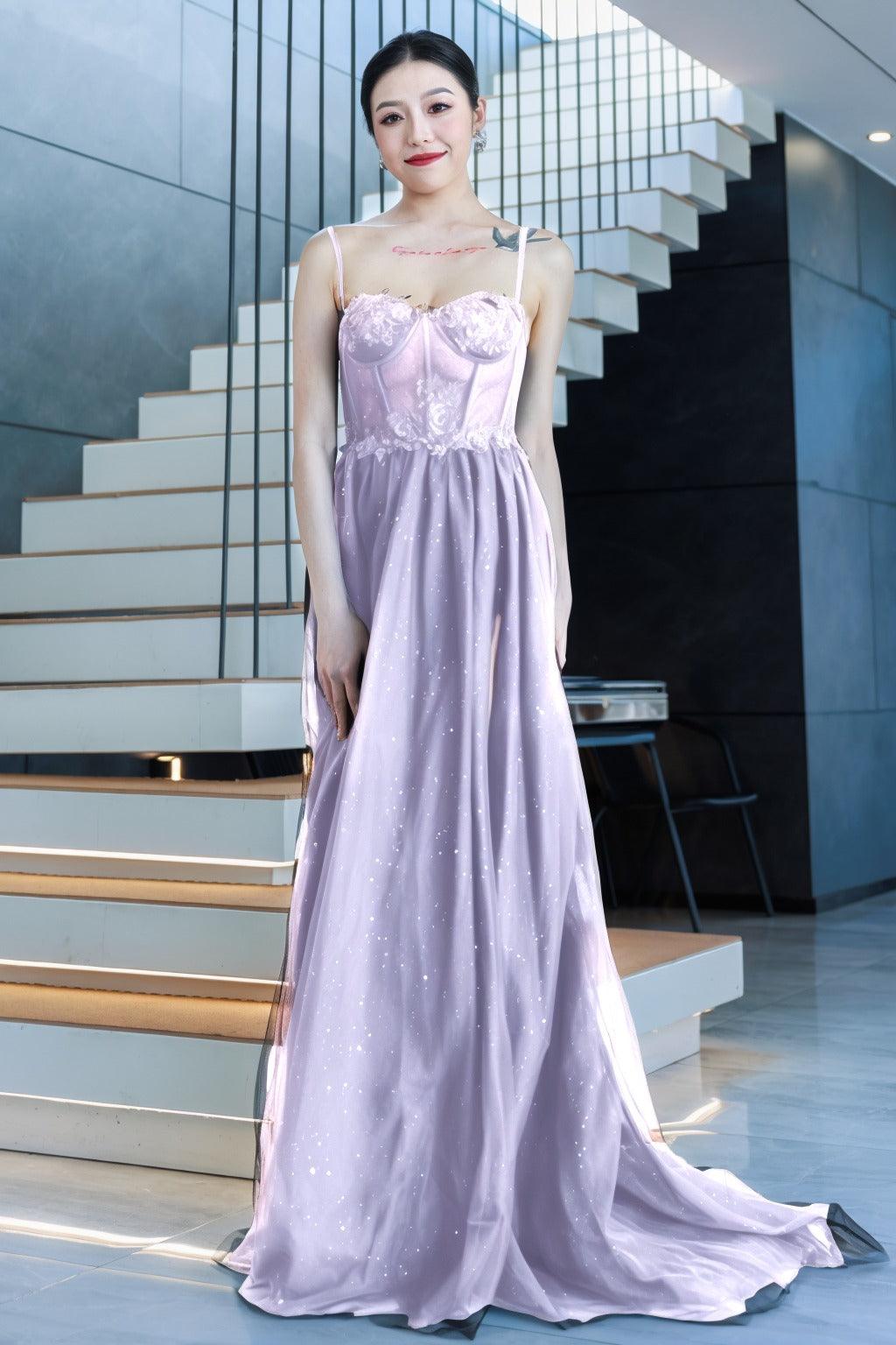 A-Line Sweep-Brush Train Tulle Prom Dress CS0480 - COCOMELODY