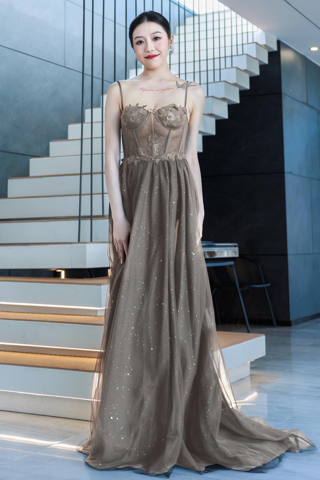 A-Line Sweep-Brush Train Tulle Prom Dress CS0480 - COCOMELODY